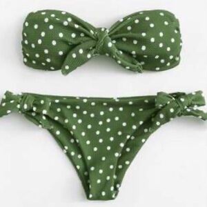 Polka Dot Bandeau Tie Side Bikini Swimsuit, Size L